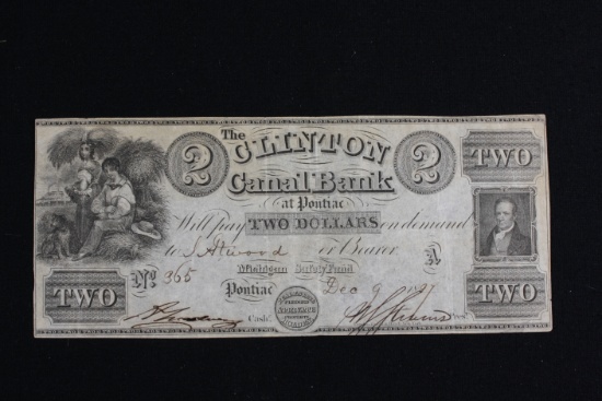 1837 Clinton Bank of Pontiac, MI $2.00 Broken Bank Note