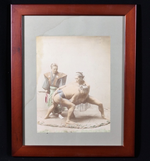 Framed  hand tinted photo of Japanese sumo wrestlers