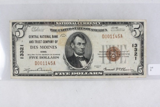 Series 1929 National Currency $5.00 Des Moines
