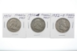 Lot of (3) Franklin Half Dollars - '52, '54, '54-S