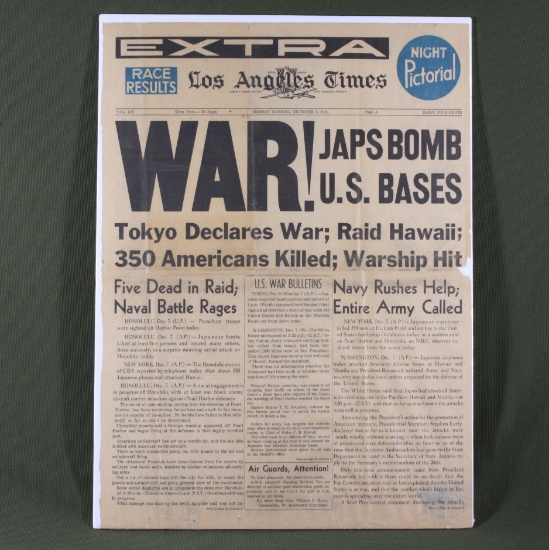 Dec. 8, 1941 LA Times "War - Japs Bomb" front page with