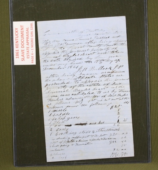 1861 KY Estate Appraisal/Slave document