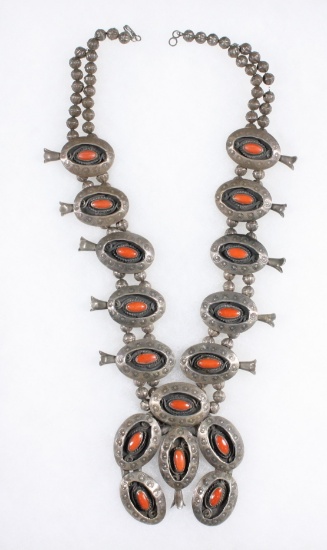 Fabulous antique Indian silver squash blossom necklace