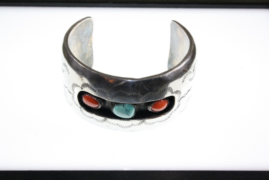 Silver vintage Indian cuff/bracelet w/coral & turquoise