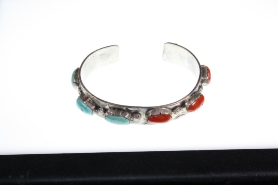 Antique silver Indian bracelet with turquoise and coral