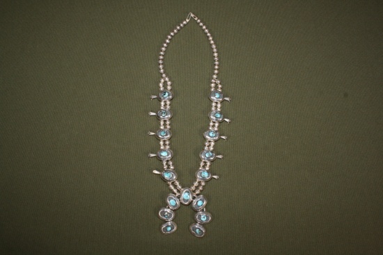 Indian silver & turquoise shadow box squash blossom necklace