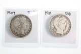 (2) Barber half dollars:  1911 and 1907