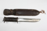 WWII era Bowie style fighting knife with sheath