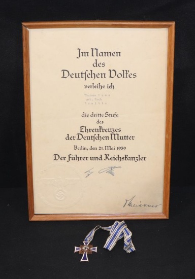 Nazi Mother’s Cross medal and award document