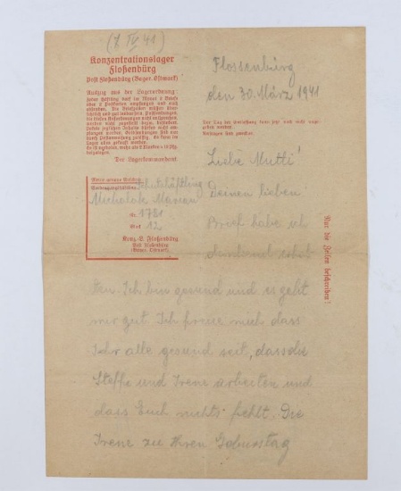 Flossenburg Concentration Camp Letter/1941