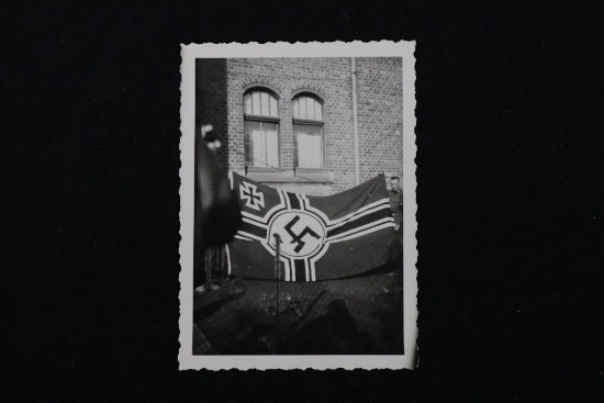 WWII GI with captured Nazi flag photo – 2 ½” x 3 3/8”