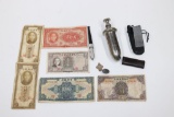 Estate Found Smalls- lighter, Chinese currency, match safe, etc.