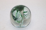 Green & White Flowers Art Glass Paperweight