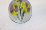 Yellow & Purple Flowers Art Glass Paperweight