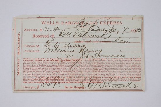Wells, Fargo 1880 Money Receipt