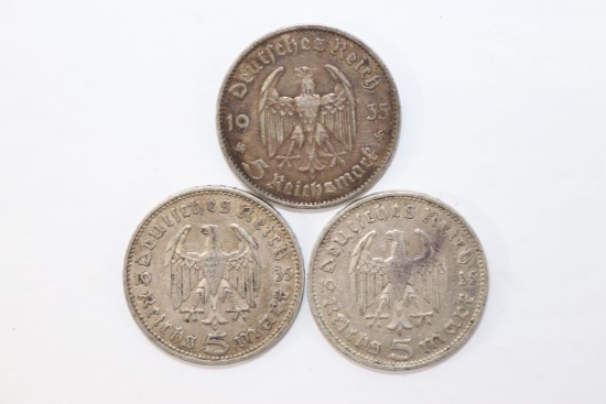 (3) 1935 Nazi 5 Mark Silver Coins