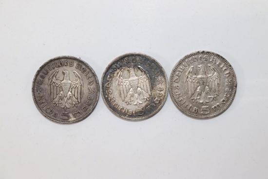 (3) 1935 Nazi 5 Mark Silver Coins