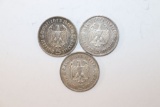 (3) 1936 Nazi 5 Mark Silver Coins