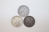 (3) U.S. Silver Dollars: 2-Morgans; 1-Peace