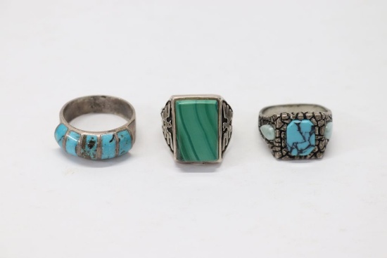 Group of (3) Silver & Turquoise Rings