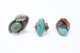 Group of (3) Silver & Turquoise Rings