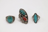 Group of (3) Silver & Turquoise Rings