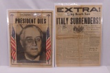 WWII Newspapers Italy Surrender/FDR Dies