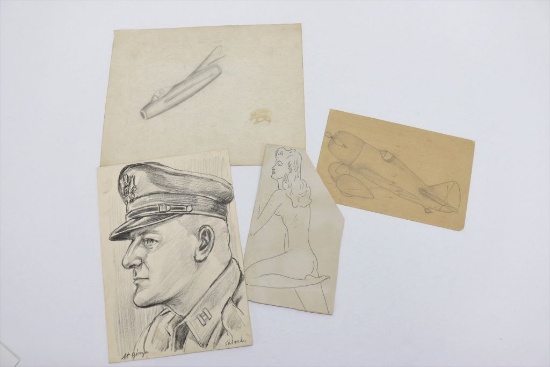 (4) Original Pencil Drawings From WWII