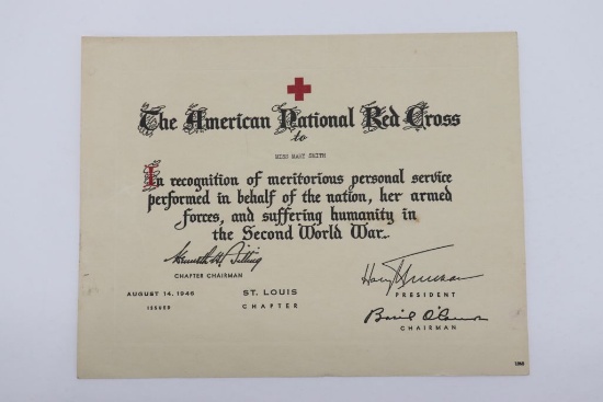 WWII Red Cross Meritorious Service Cert.