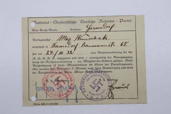 Rare! 1932 NSDAP Membership Card