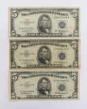 (3) Series 1953A $5.00 Silver Certificates - circulated