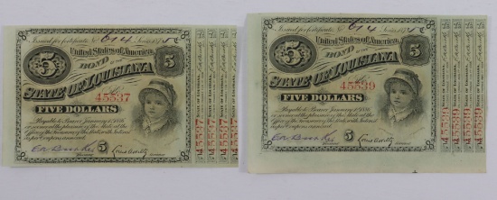 1870's Louisiana/USA $5.00 "Doll" Bonds