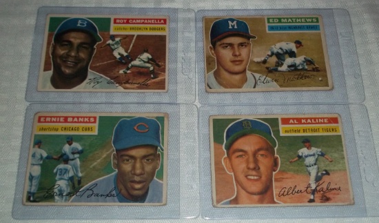 Vintage Baseball 4 Stars HOF Card Lot 1956 Topps Campanella Mathews Banks Kaline Huge BV Value $$