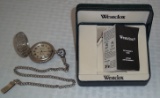Westclox Pocket Watch w/ Box Train Quartz w/ Date Conductor Locomotive Fob