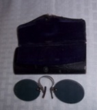 Vintage Antique Blue Purple Shades Sunglasses Clip On w/ Case Pince Nez Rare