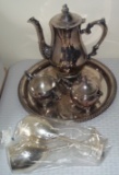 International Silver Company Tea Set w/ Landes India Wine Glasses Goblets Lot