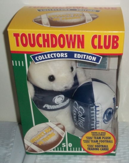 Penn State Football Plush Teddy Bear & Football Touchdown Club PSU MIB 1995 w/ Cards Inside
