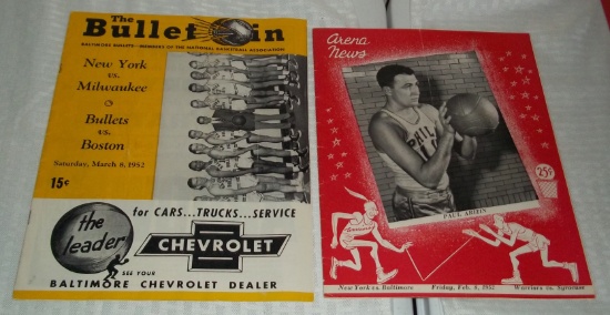 Pair Vintage 1952 ABA Basketball Baltimore Bullets Programs One Has Loose Pages NBA Lot