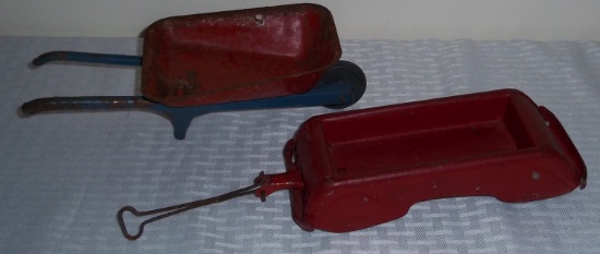 Vintage 1940s Wheel Barrow & Wagon Tin Metal Pair Old Toys