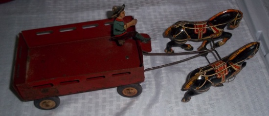 Vintage 1940s Wagon w/ Horses & Driver Tin Litho Metal Toy Rare