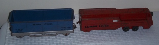 (2) Vintage 1940s Pressed Steel Pennsylvania Lumar Line Train Cars Marx