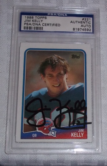 1988 Topps NFL Football Card #221 Jim Kelly Bills HOF Autographed Slabbed PSA