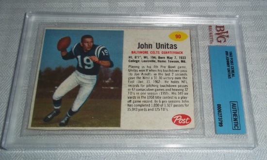 Vintage 1962 Post Cereal NFL Football Card Lot #90 Johnny Unitas Colts Beckett Slabbed HOF