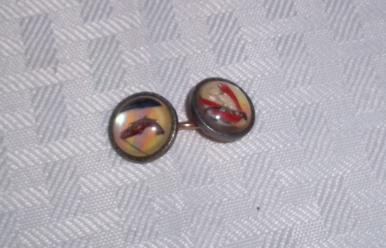 Vintage Pair Old Jewelry Kremenz Fish & Lure Trout Buttons Cufflinks Set