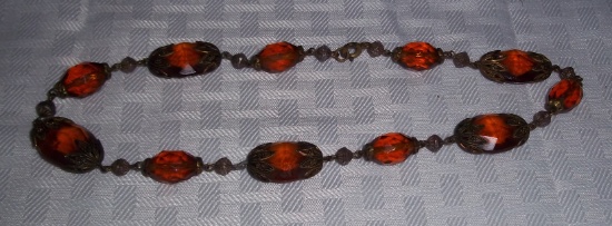 Vintage Antique 1930s? Jewelry Small Necklace Pre War Orange Metal Parts 16''