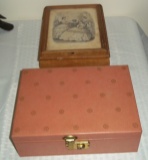 Two Vintage Jewelry Boxes 1930s & 1960s Litho Print Wood Glass Pair Mid Century Pink Le Bon Ton