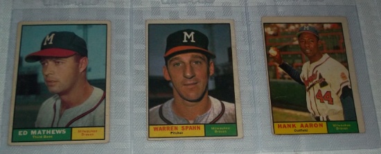 1961 Topps MLB Baseball Braves 3 Mega Stars HOFers Lot Hank Aaron Warren Spahn Eddie Mathews High BV