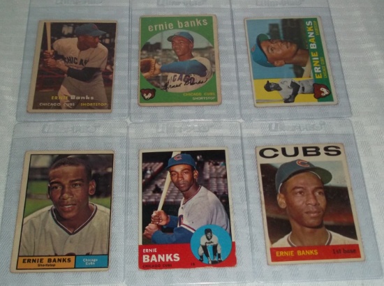 6 Different Ernie Banks Vintage Topps MLB Baseball Cards Lot Cubs HOF 1957 1959 1960 1961 1963 1964