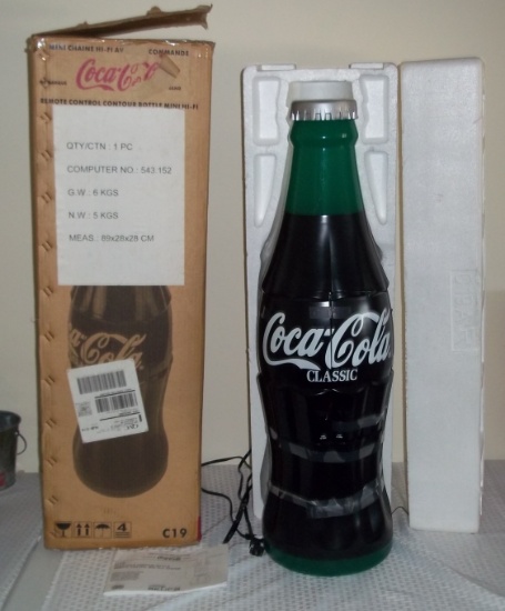 Vintage Coke Coca-Cola 3 Ft Hi-Fi CD Player Prop Soda Bottle w/ Box Works Broken Hinge Great Display