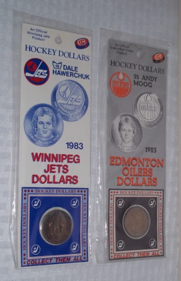 2 Vintage MIB New 1983 NHL Hockey Dollars Hawerchuk Moog Oilers Jets Oddball Local Issue